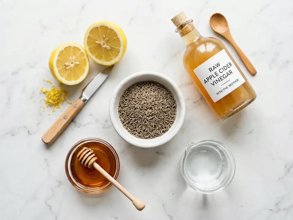 Cumin-Vinegar Infusion for Weight Loss: The 3-2-1 Morning Method 5 Cumin-vinegar infusion for weight loss ingredients flat lay showing raw apple cider vinegar, whole cumin seeds, lemon, honey, and water on white marble.