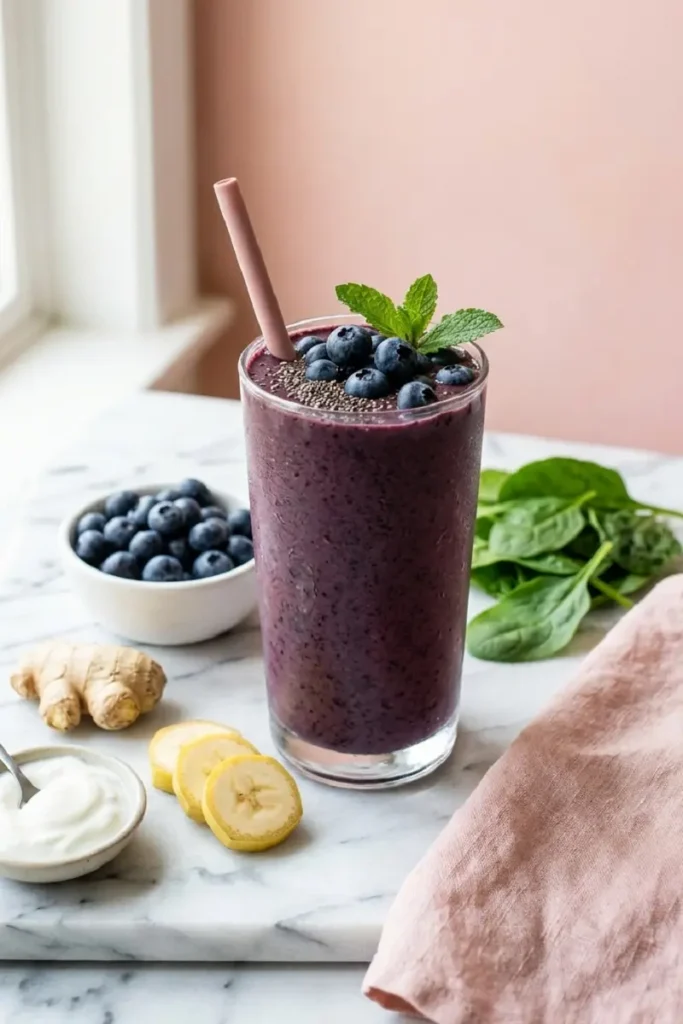 Flat belly blueberry smoothie in a tall glass topped with blueberries and chia seeds, surrounded by ginger, banana, yogurt, and spinach.