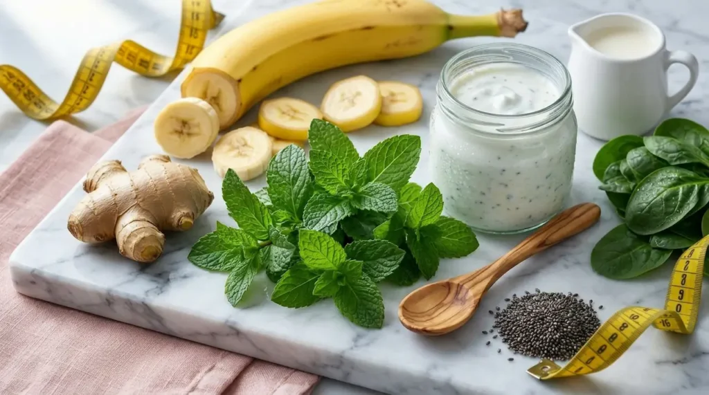 Flat belly blueberry smoothie ingredients on marble: banana, ginger, mint, yogurt, spinach, chia seeds, and measuring tape.