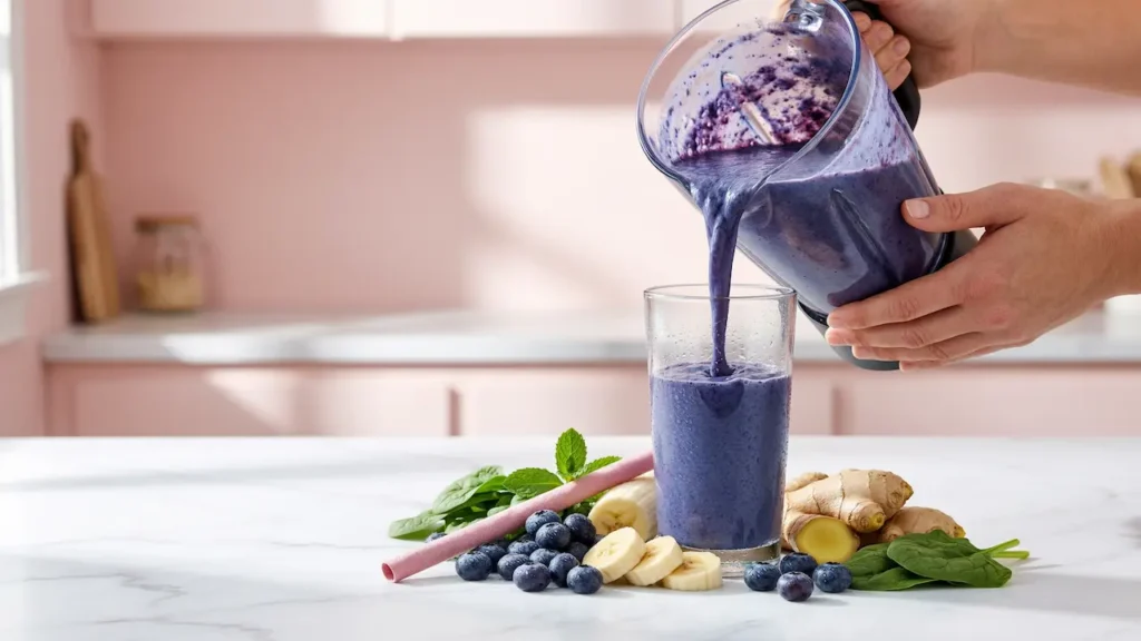 Flat belly blueberry smoothie being poured from a blender into a glass, surrounded by blueberries, banana, ginger, and spinach on marble.