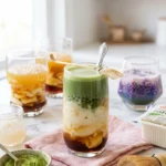 Matcha taho recipe: tall glass showing layered green tea matcha syrup, silken tofu, and tapioca pearls with a bamboo whisk.