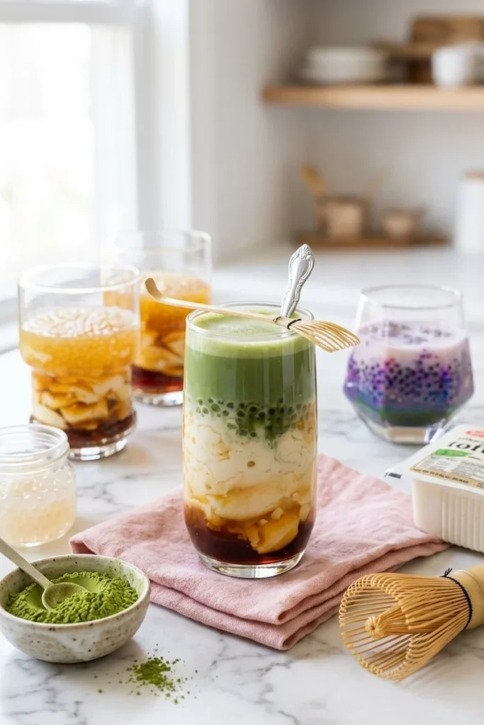 Matcha taho recipe: tall glass showing layered green tea matcha syrup, silken tofu, and tapioca pearls with a bamboo whisk.