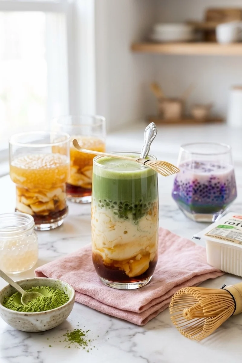 Matcha Taho Recipe: 4 Easy Steps to Green Tea Filipino Twist 10 Matcha taho recipe: tall glass showing layered green tea matcha syrup, silken tofu, and tapioca pearls with a bamboo whisk.