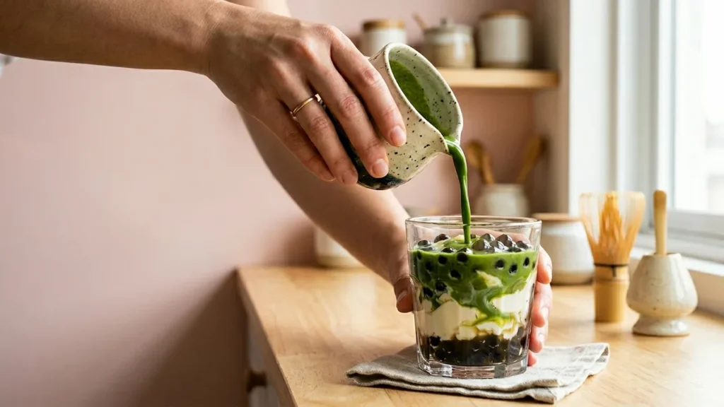 Matcha Taho Recipe: 4 Easy Steps to Green Tea Filipino Twist 12 Matcha taho recipe: hands pouring vibrant green matcha syrup over silken tofu and dark tapioca pearls in a clear glass.