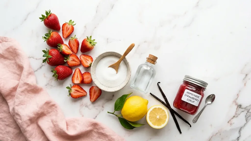 Strawberry syrup ingredients flat lay: fresh strawberries, sugar, lemon, vanilla, and a jar of homemade strawberry syrup on marble.