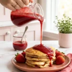 Strawberry syrup recipe: hand pouring vibrant red homemade strawberry syrup from a glass pitcher over a stack of pancakes.
