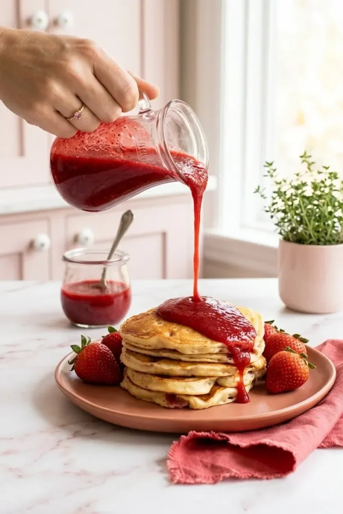 Strawberry syrup recipe: hand pouring vibrant red homemade strawberry syrup from a glass pitcher over a stack of pancakes.