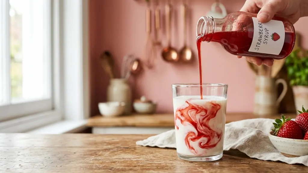Strawberry syrup recipe: hand pouring homemade strawberry syrup from a glass bottle into a glass of milk, creating a red swirl.
