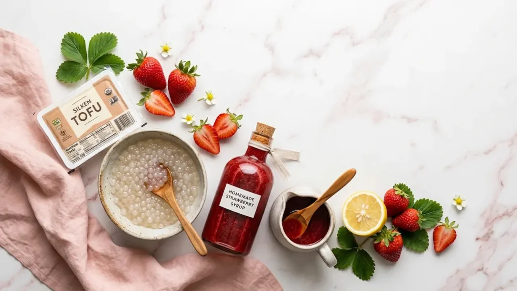 Strawberry taho ingredients flat lay: silken tofu, tapioca pearls, homemade strawberry syrup, fresh strawberries, and lemon on marble.