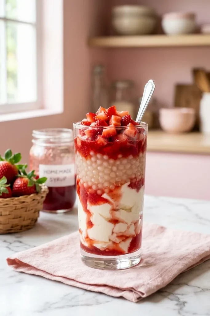 Strawberry taho recipe: tall glass with layered silken tofu, tapioca pearls, and vibrant strawberry syrup topped with fresh diced strawberries.