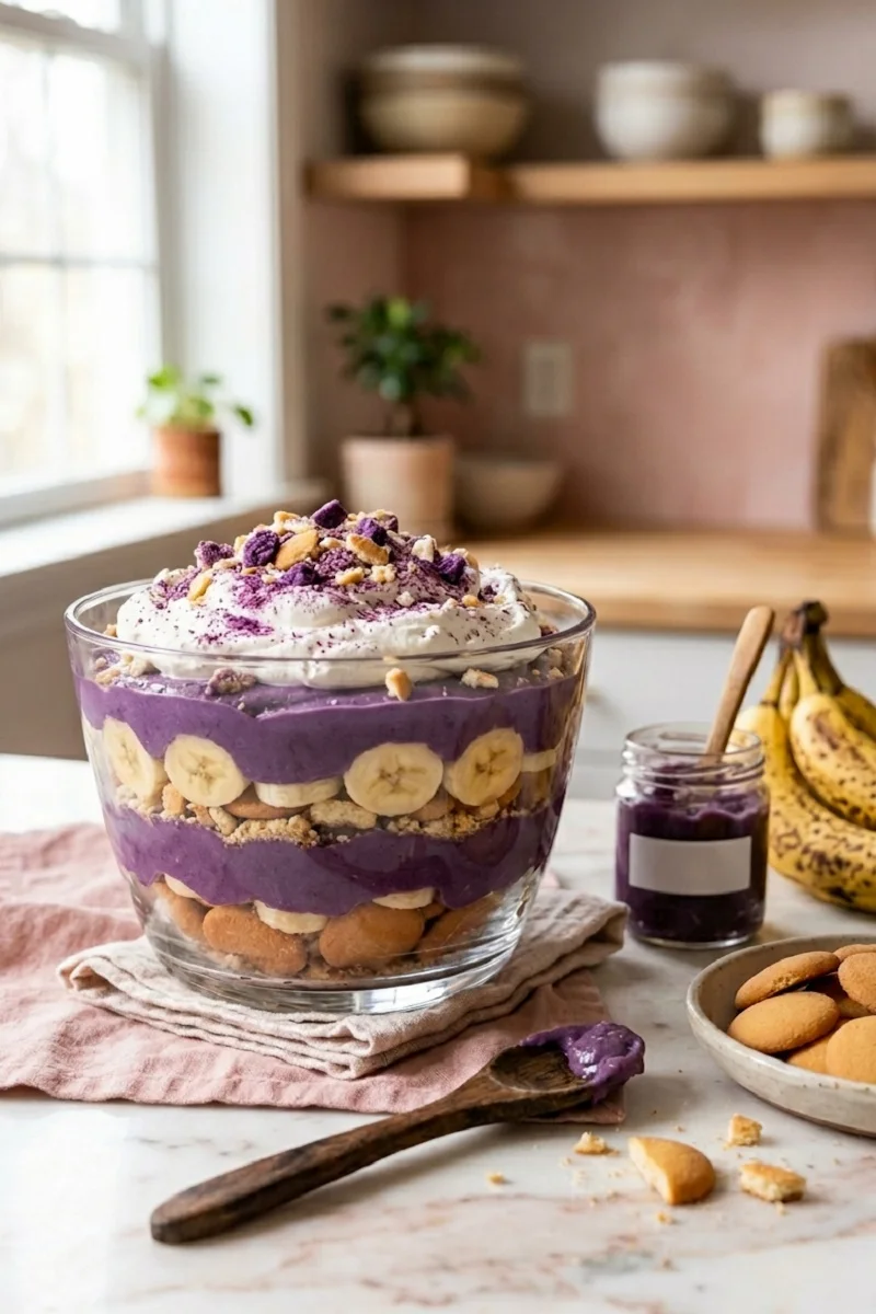 Best Ube Banana Pudding: 5 Easy Layers of Purple Bliss (2026) 10 Ube banana pudding in a glass bowl showing distinct layers of purple ube custard, banana slices, vanilla wafers, and whipped cream topping.
