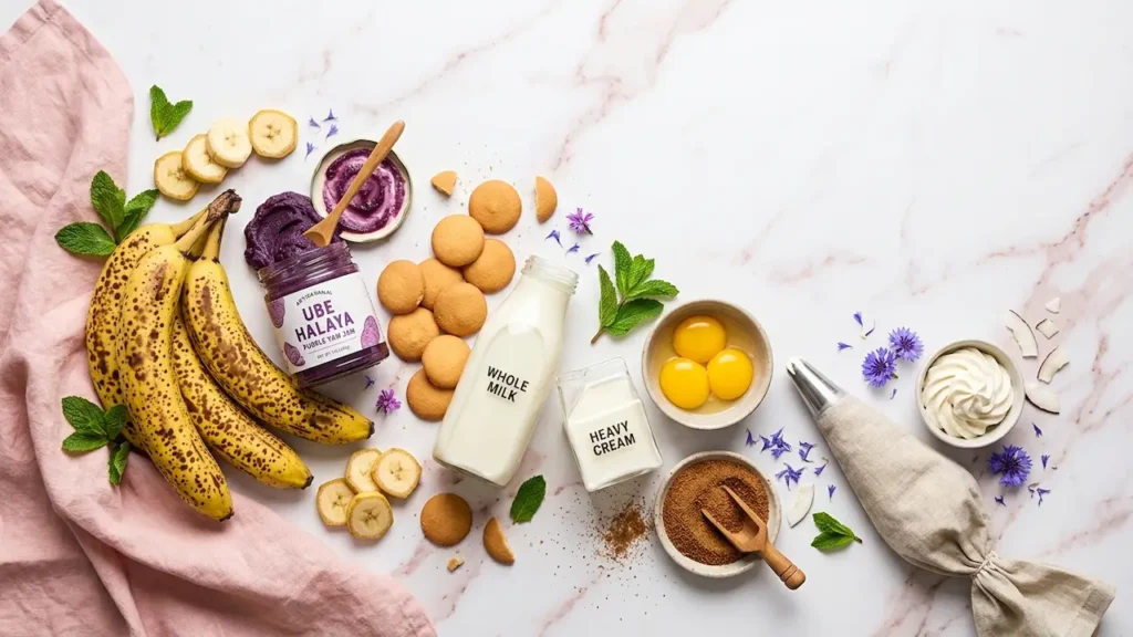 Best Ube Banana Pudding: 5 Easy Layers of Purple Bliss (2026) 11 Ube banana pudding ingredients flat lay: spotted bananas, ube halaya, vanilla wafers, milk, cream, and egg yolks on marble.