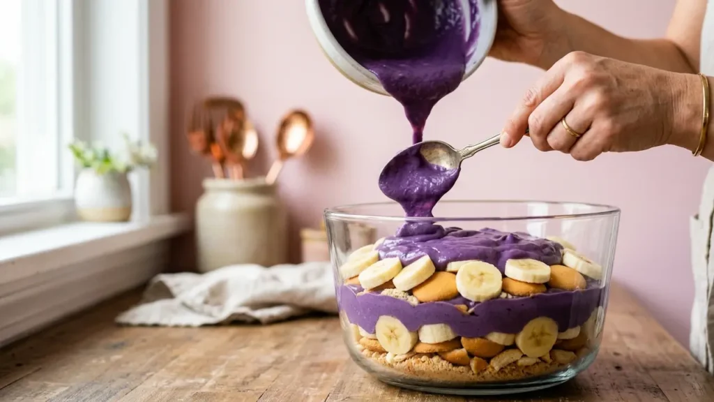 Best Ube Banana Pudding: 5 Easy Layers of Purple Bliss (2026) 12 Ube banana pudding assembly: hands pouring thick purple ube custard over layers of sliced bananas and vanilla wafers in a glass bowl.