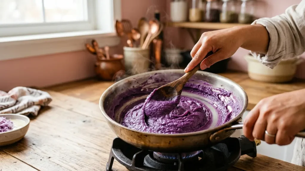 Ube Halaya Recipe: 3 Ways to Make Authentic Purple Yam Jam. 12 Hands stirring thick, glossy ube halaya in a copper pan with a wooden spoon, surrounded by fresh purple yam and ingredients.