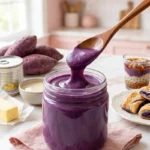 Ube halaya in a glass jar showing thick, glossy purple yam jam being lifted with a wooden spoon, surrounded by fresh ube, condensed milk, and butter.