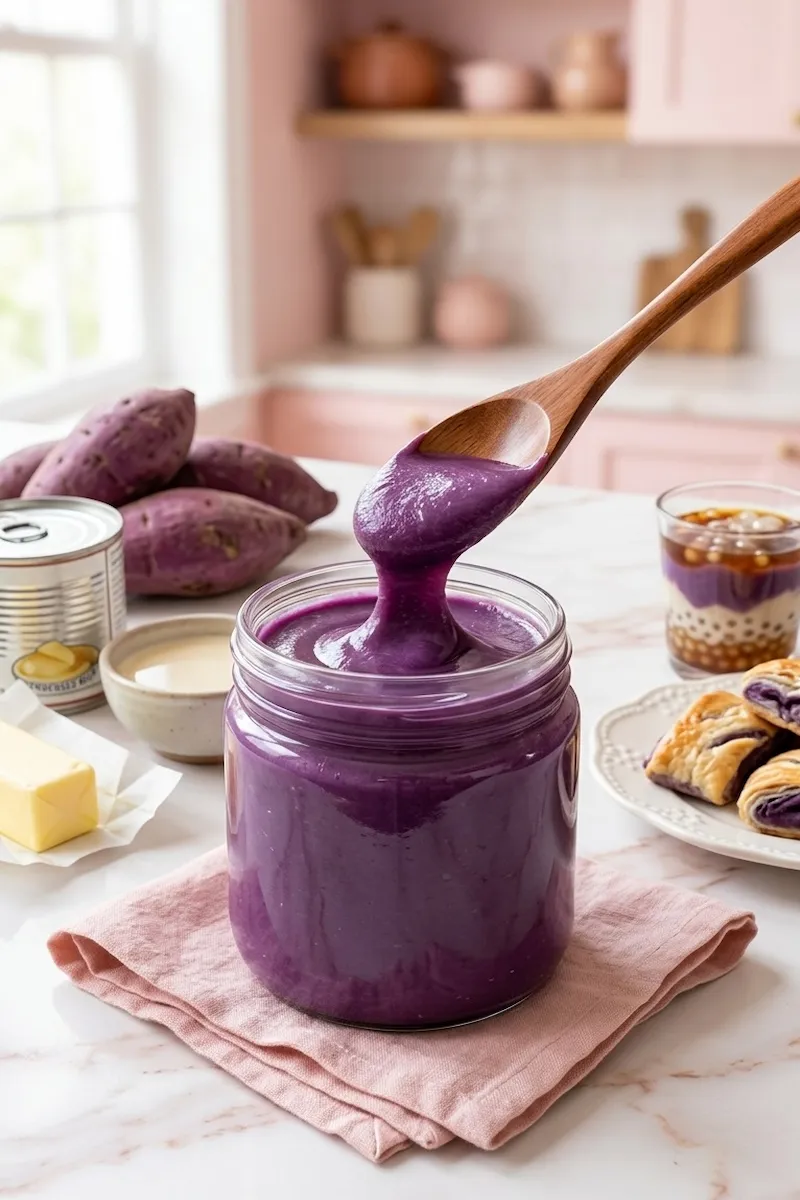 Ube Halaya Recipe: 3 Ways to Make Authentic Purple Yam Jam. 10 Ube halaya in a glass jar showing thick, glossy purple yam jam being lifted with a wooden spoon, surrounded by fresh ube, condensed milk, and butter.