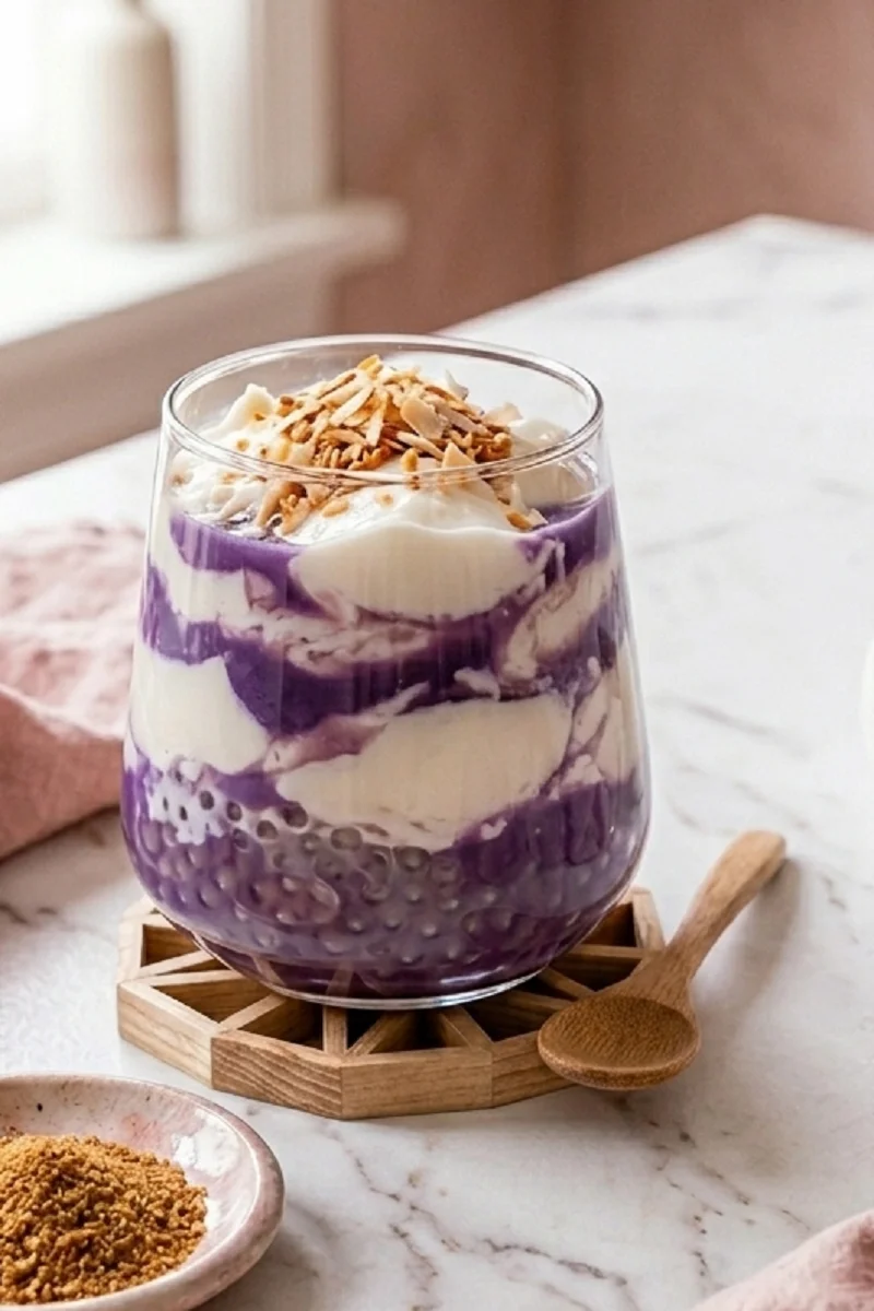Best Ube Taho Recipe: 5 Easy Steps to Filipino Purple Dessert (2026) 4 Ube taho recipe: layered Filipino purple dessert with silken tofu, tapioca pearls, and toasted coconut in a glass.