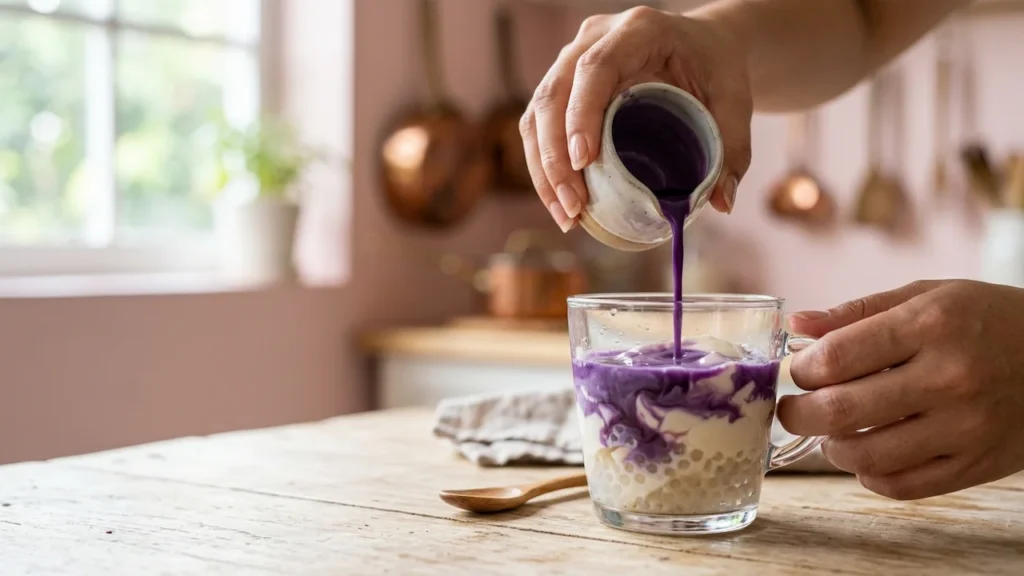 Best Ube Taho Recipe: 5 Easy Steps to Filipino Purple Dessert (2026) 6 Ube taho recipe: hands pouring vibrant purple ube syrup over silken tofu and tapioca pearls in a glass mug.
