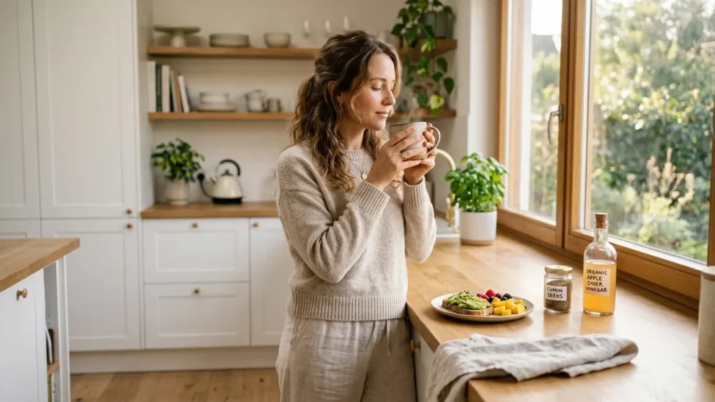 Cumin-Vinegar Infusion for Weight Loss: The 3-2-1 Morning Method 7 Woman drinking cumin-vinegar infusion for weight loss in bright modern kitchen with apple cider vinegar and cumin seeds on counter.